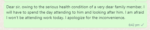 Family member sick leave message